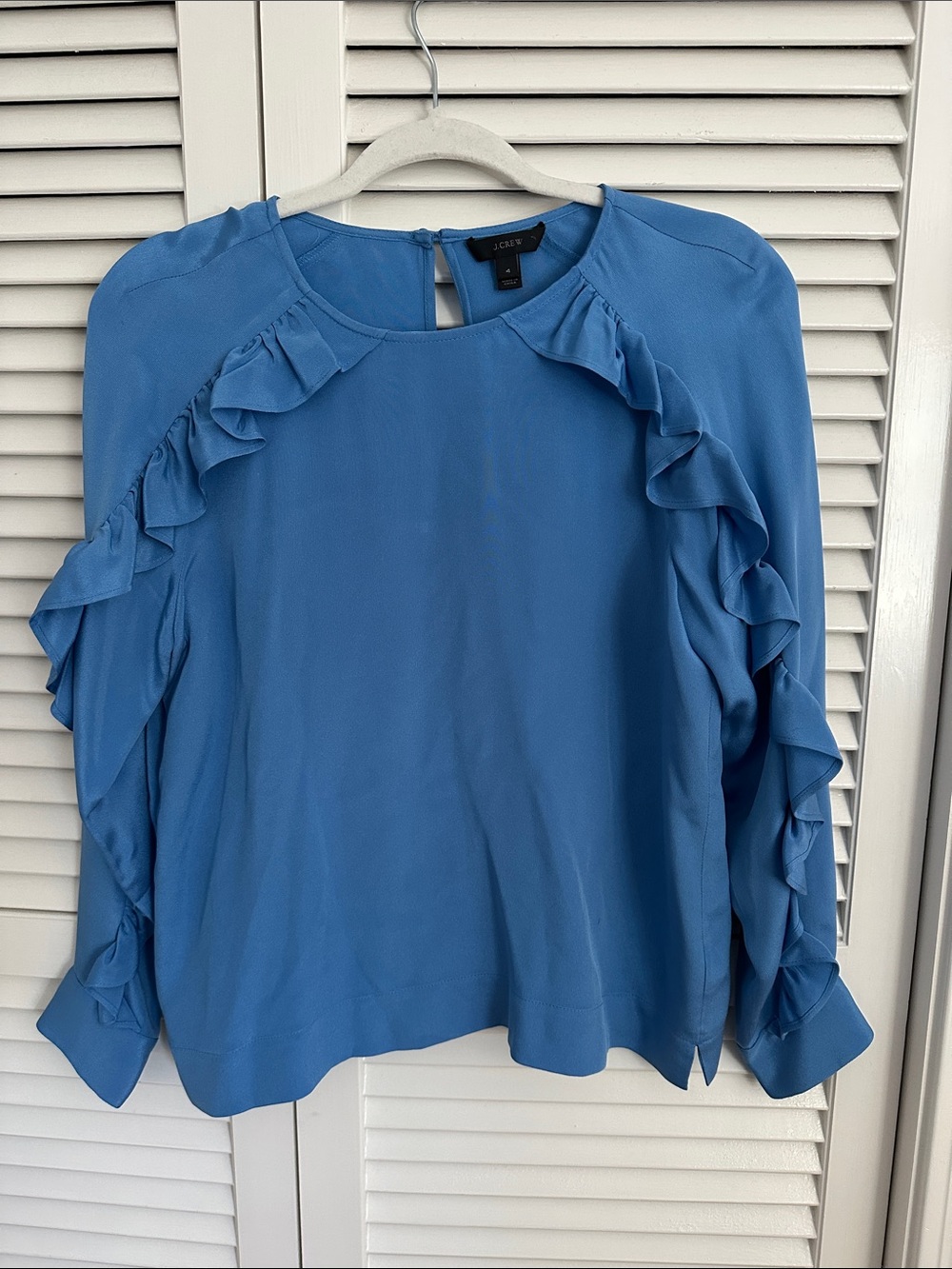 J.Crew 100% Silk Ruffle Sleeve Blouse Blue Size 4